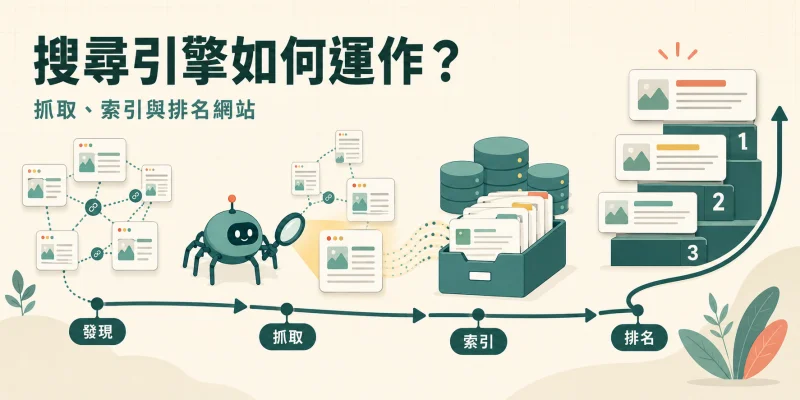搜尋引擎如何運作示意圖，呈現網站從發現、抓取、建立索引到搜尋結果排名的完整流程。