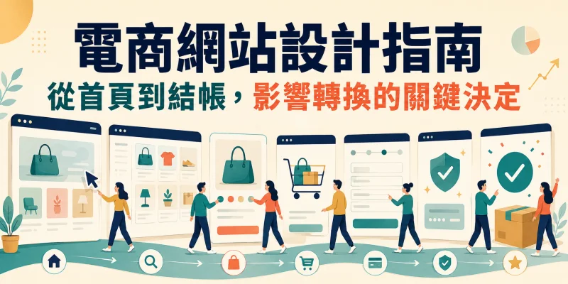電商網站設計指南，呈現訪客從首頁瀏覽商品、加入購物車、付款結帳到訂單完成的購物流程。