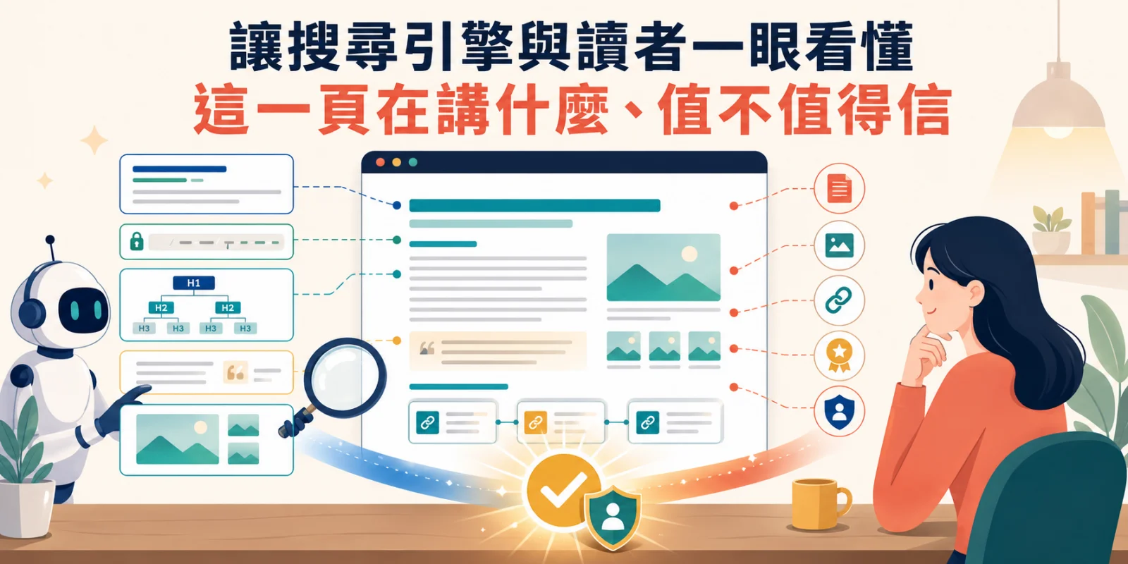 搜尋引擎機器人與讀者共同檢視網站內容，說明網站內 SEO 如何讓頁面主題清楚且值得信任。