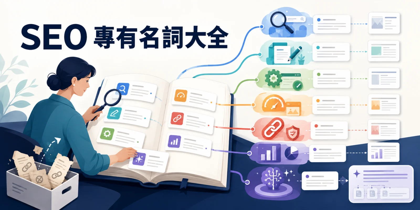 SEO 專有名詞大全封面，將搜尋、內容、技術、使用者體驗、連結、數據分析與 AI 搜尋詞彙依主題分類整理。