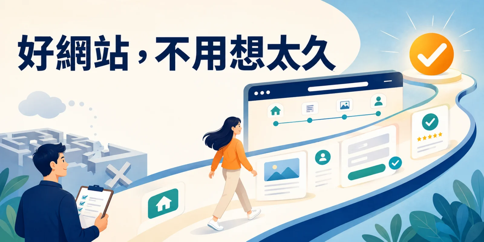 好網站不用想太久概念圖，使用者沿著清楚的網站導航、內容層級與操作流程，無須停下思考即可順利完成目標。