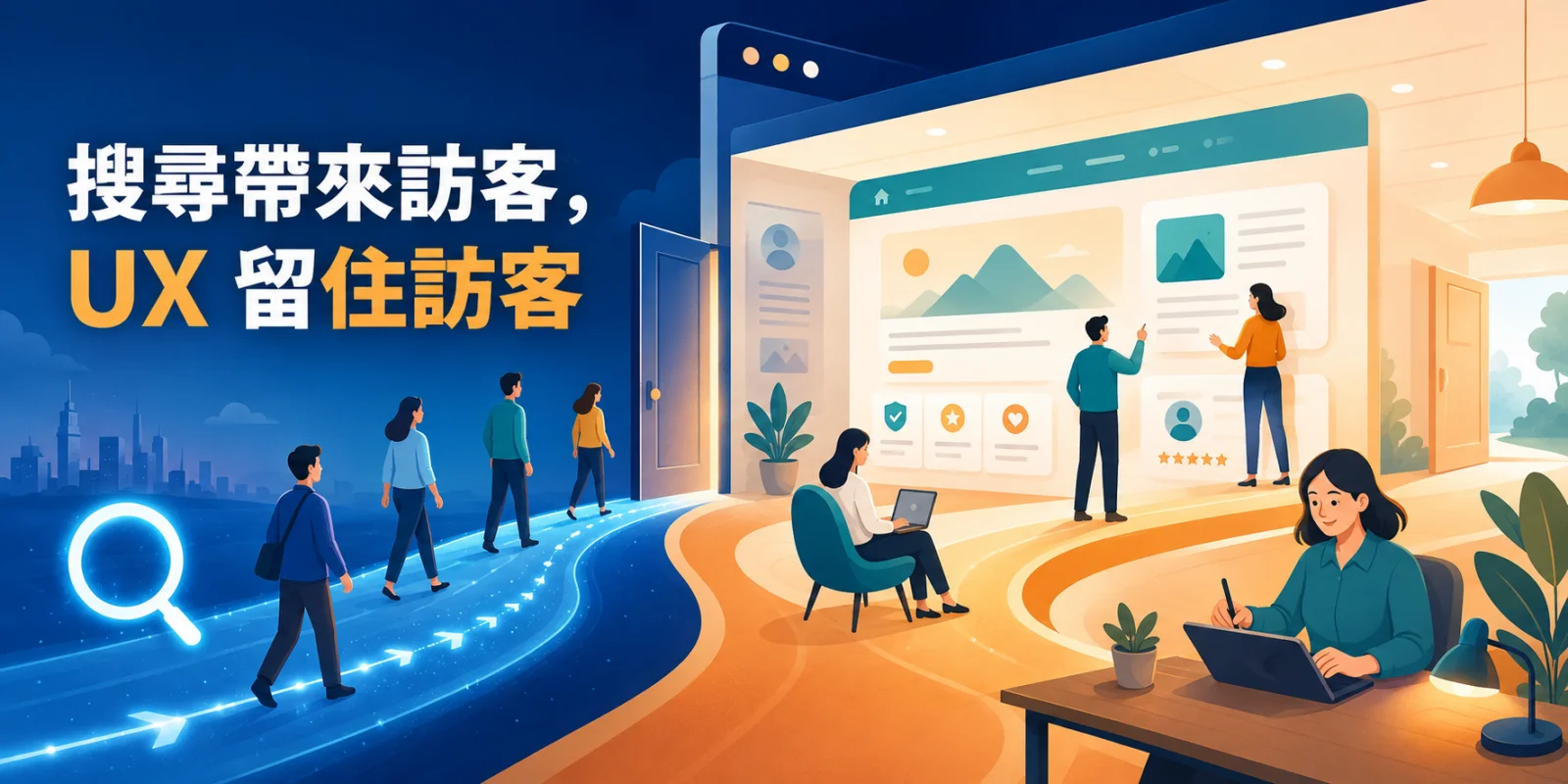 搜尋與 UX 關係示意圖，搜尋路徑將訪客帶到網站入口，再由清楚的內容、操作動線與信任體驗留住訪客。