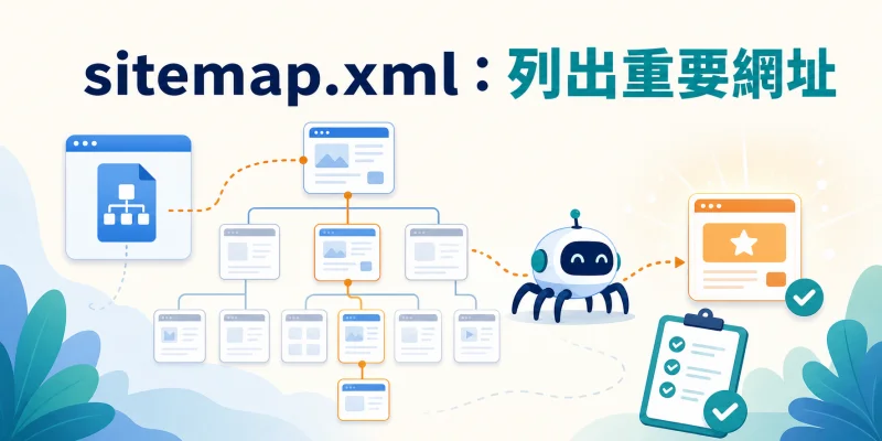 sitemap.xml 網站地圖示意圖，引導搜尋引擎發現並索引重要網址。