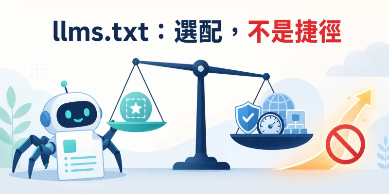 llms.txt 功能示意圖，說明檔案屬於 AI 檢索選配而非排名捷徑。